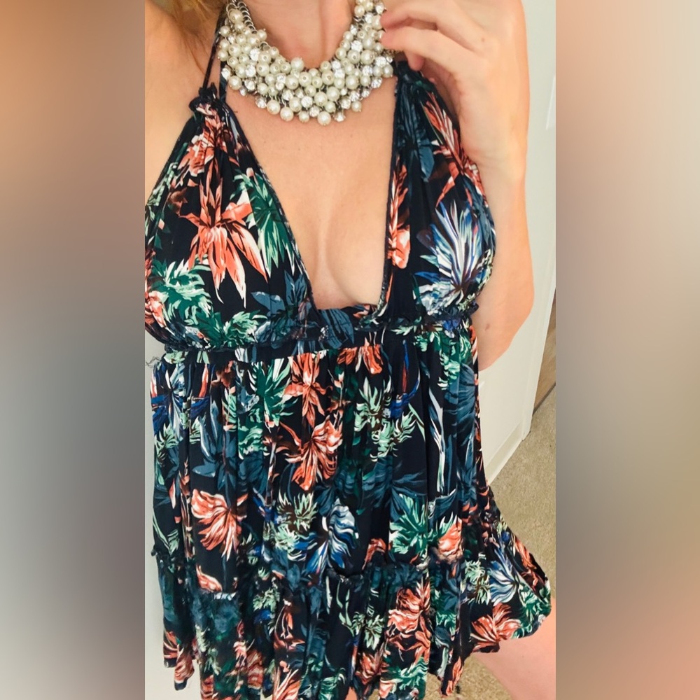 Hawaiian Floral Halter Dress - Black, Orange, Green